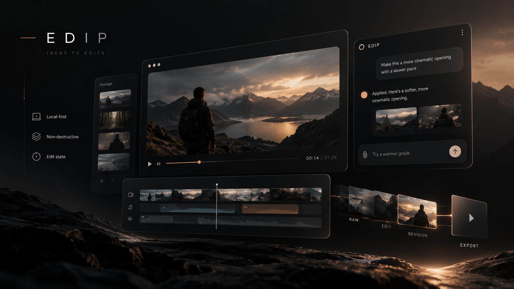 Concept visual for EDIP, a local-first conversational video editor.