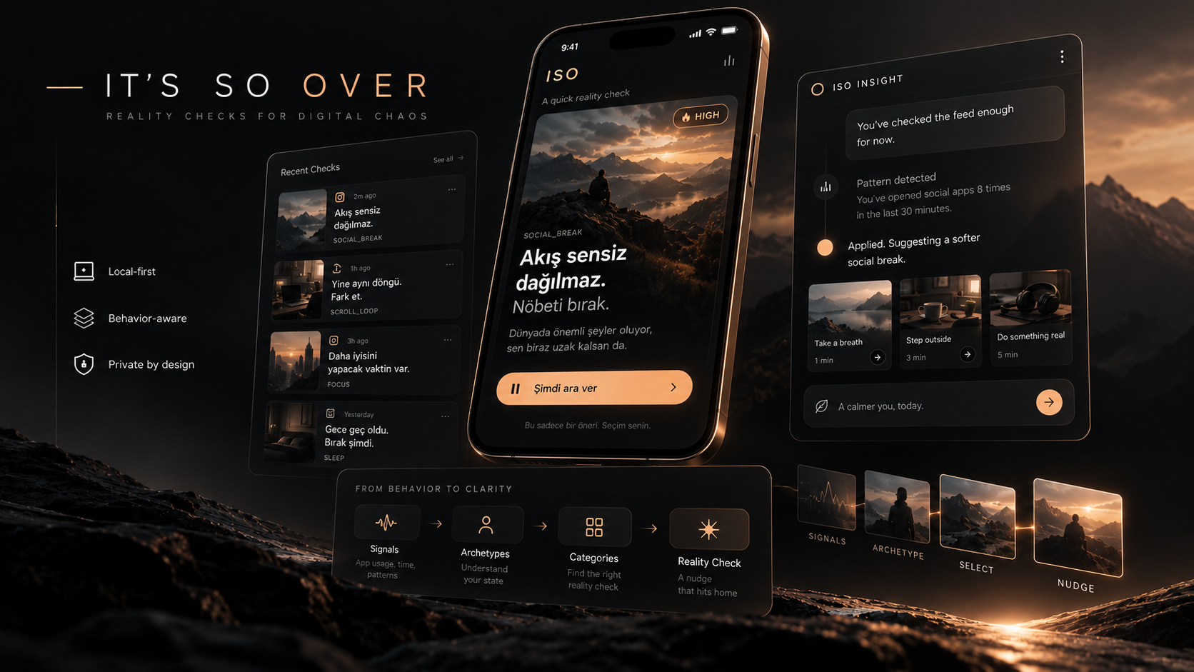 Concept visual for IT’S SO OVER, a local-only Android behavior and reality-check product.